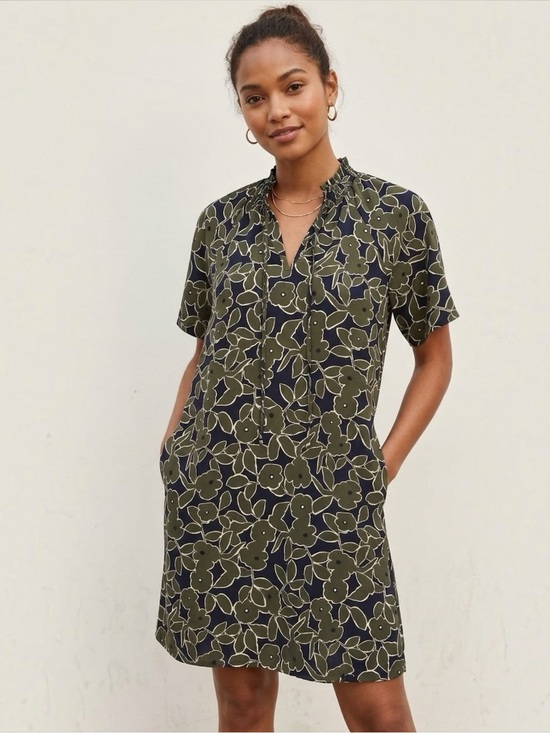 Banana Republic Dresses & Skirts - Banana Republic Olive Green Floral Tie Neck Shift Dress Pockets 4 Boho Preppy